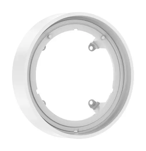 Runde, weiße Rosette zur Wandmontage, mit Öffnungen für Befestigungselemente. Kompatibel mit Hansgrohe Produkten.